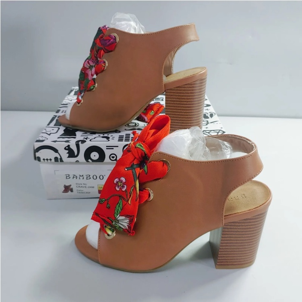 Sz 5.5 Tan Womens Bamboo heels sz 5.5 Scarf Ties - Picture 8 of 10